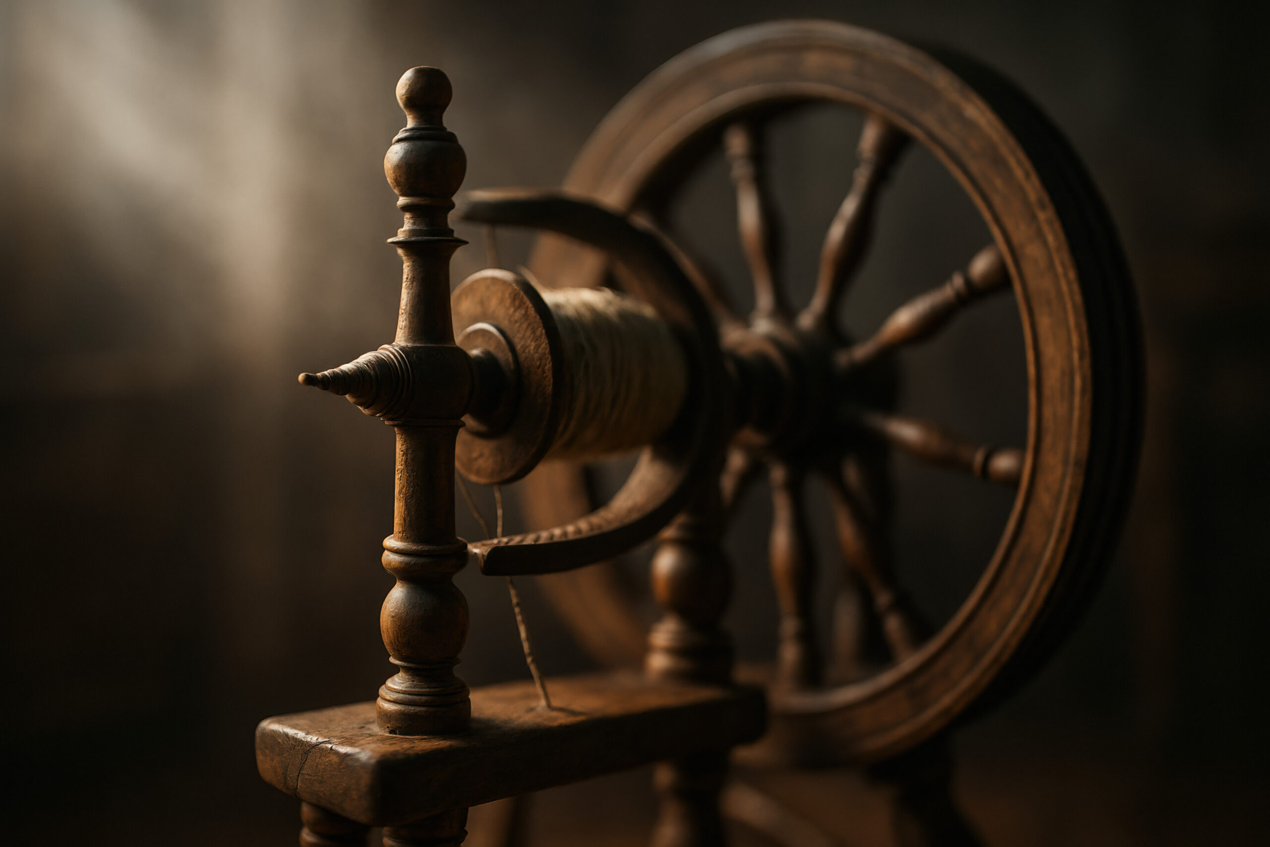 Antique spinning wheel in soft focus, capturing the essence of traditional craftsmanship