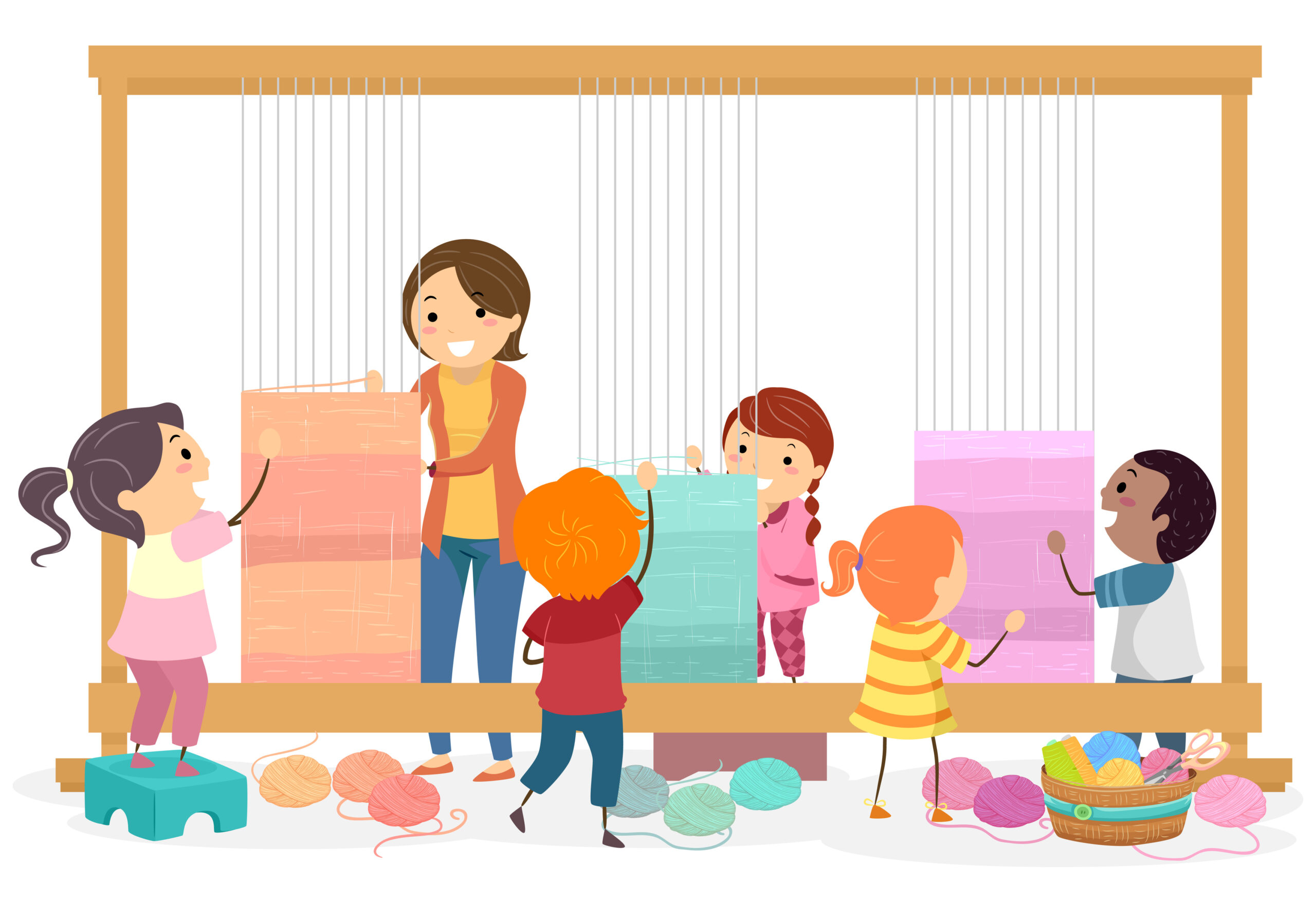 Illustration of a Stickman Girl Teacher Weaving with Her Students Using a Big Weaving Loom