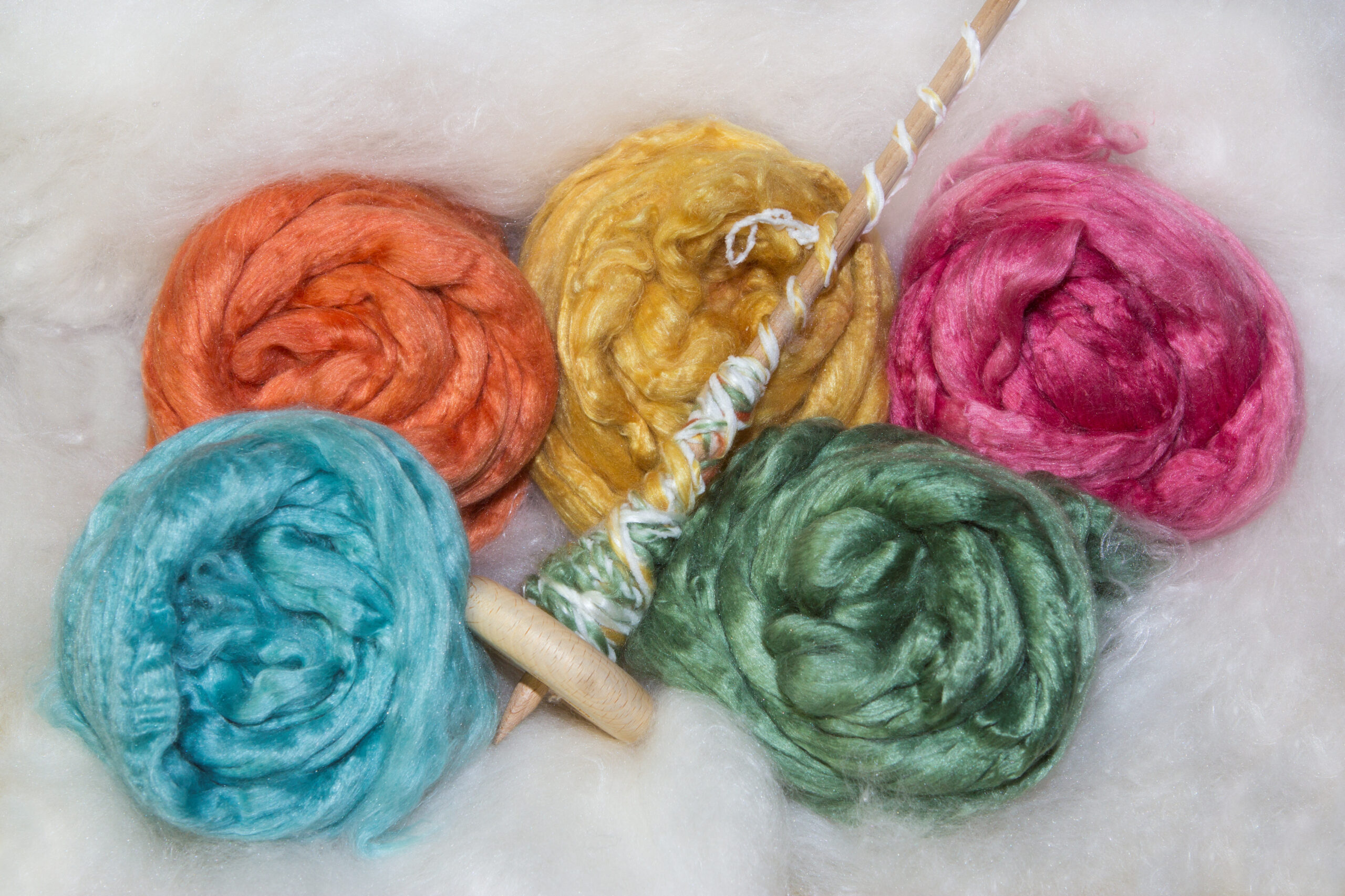 Merino and silk fibersMerino and silk fibers and a handspindle, colorfull fleeces for spinning and handycrafts